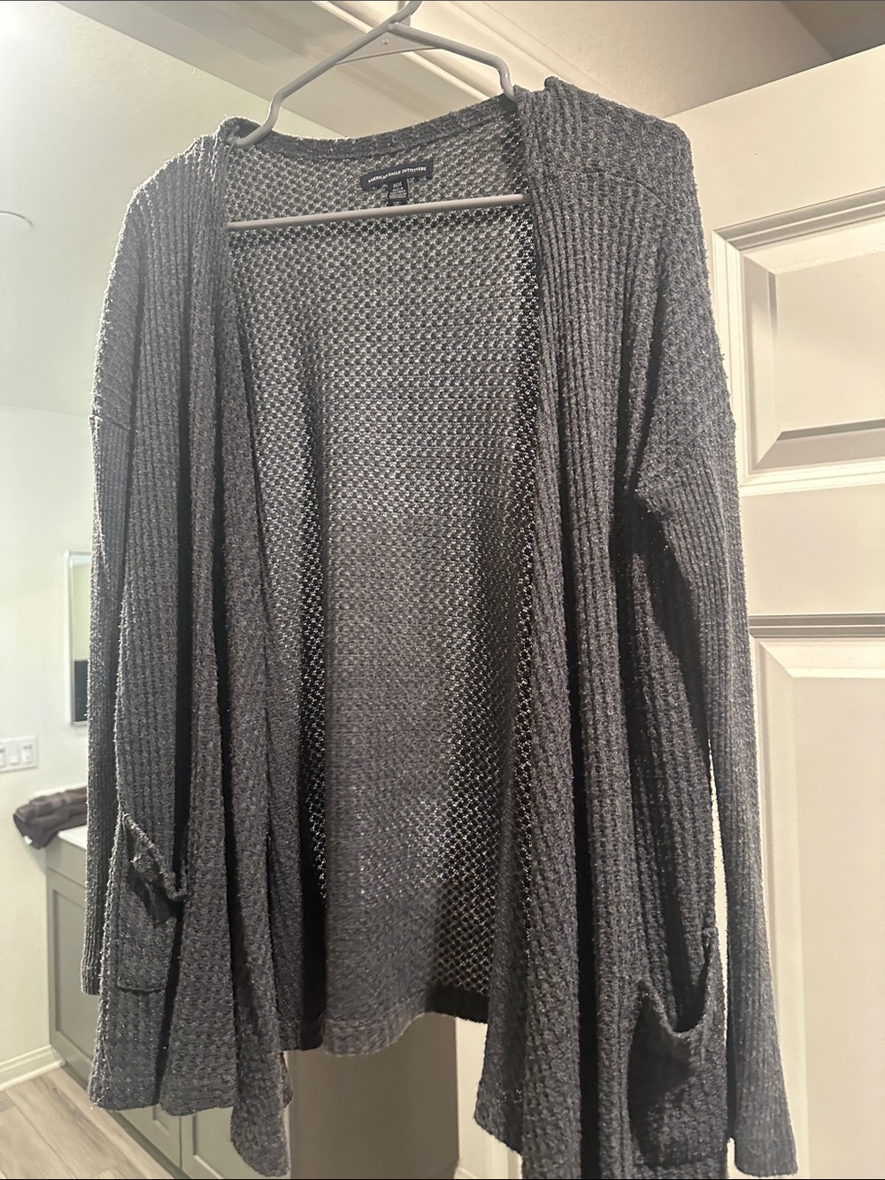 American Eagle Outfitters Charcoal Open-Front Waffle Knit Cardigan